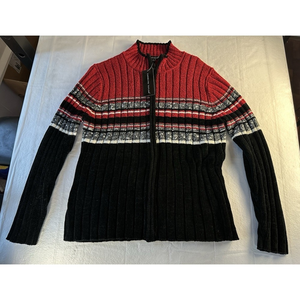 Carolyn Taylor Womens Medium Full Zip Sweater Red Black Striped Rib Knit NWT